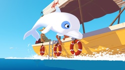 Zoom, der weiße Delfin. Er lebt bei Yann und seiner Familie und ist bei allen Abenteuern rund um die Insel Maotou im Pazifik mit dabei.