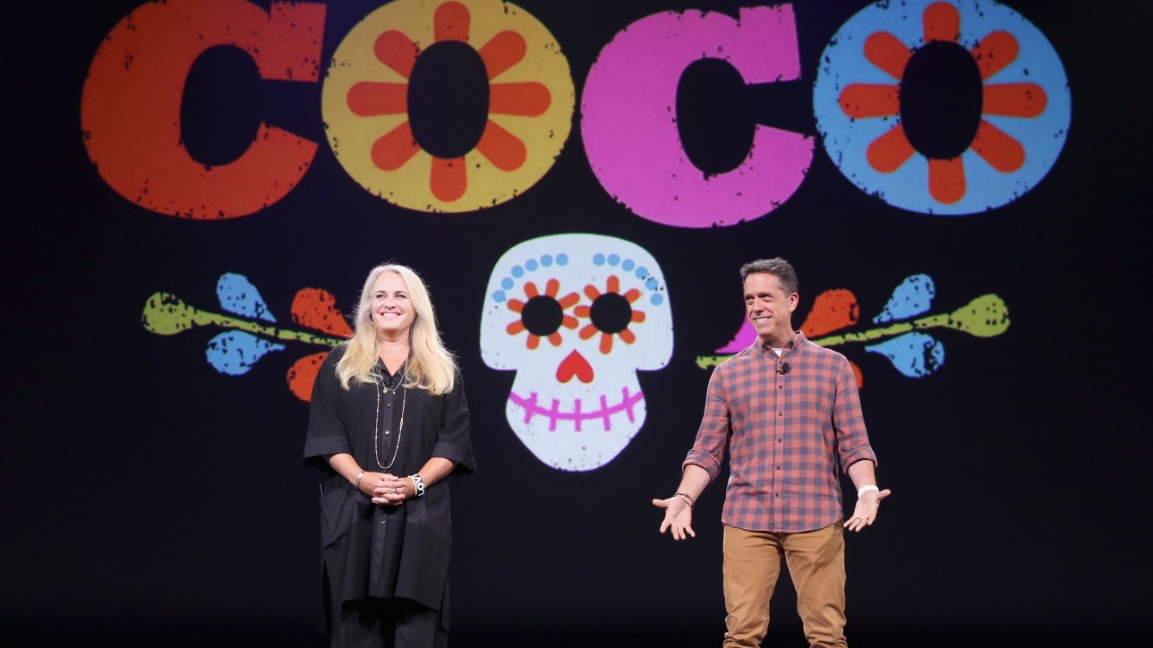 ANAHEIM, CA - AUGUST 14:  Producer Darla K. Anderson (L) and director Lee Unkrich of COCO took part today in "Pixar and Walt Disney Animation Studios: The Upcoming Films" presentation at Disney's D23 EXPO 2015 in Anaheim, Calif.  (Photo by Jesse Grant/Getty Images for Disney) *** Local Caption *** Lee Unkrich; Darla K. Anderson