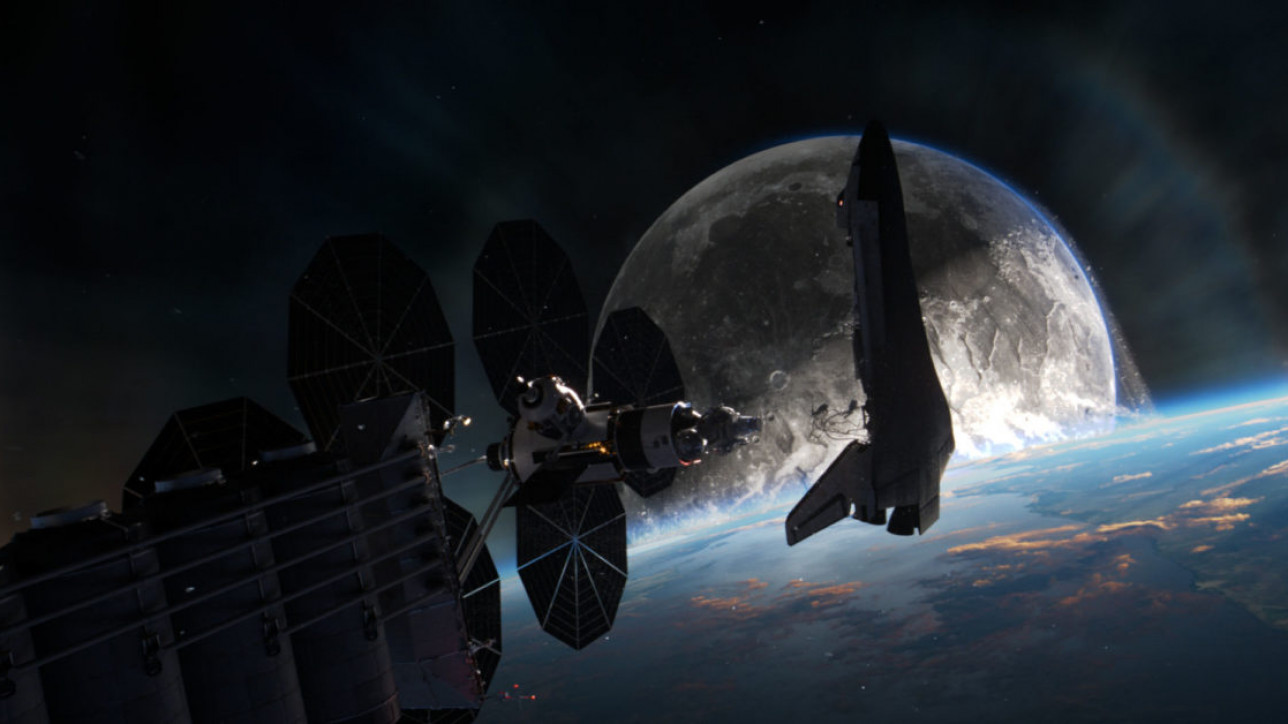 The Endeavour Space Shuttle docking at the International Space Station while the Moon hurtles towards Earth in the sci-fi epic MOONFALL.