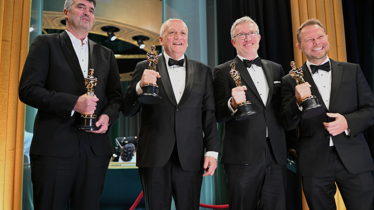 Eric Saindon, Joe Letteri, Daniel Barrett and Richard Baneham pose backstage with the Oscar® for Visual Effects during the live ABC telecast of the 95th Oscars® at Dolby® Theatre at Ovation Hollywood on Sunday, March 12, 2023.