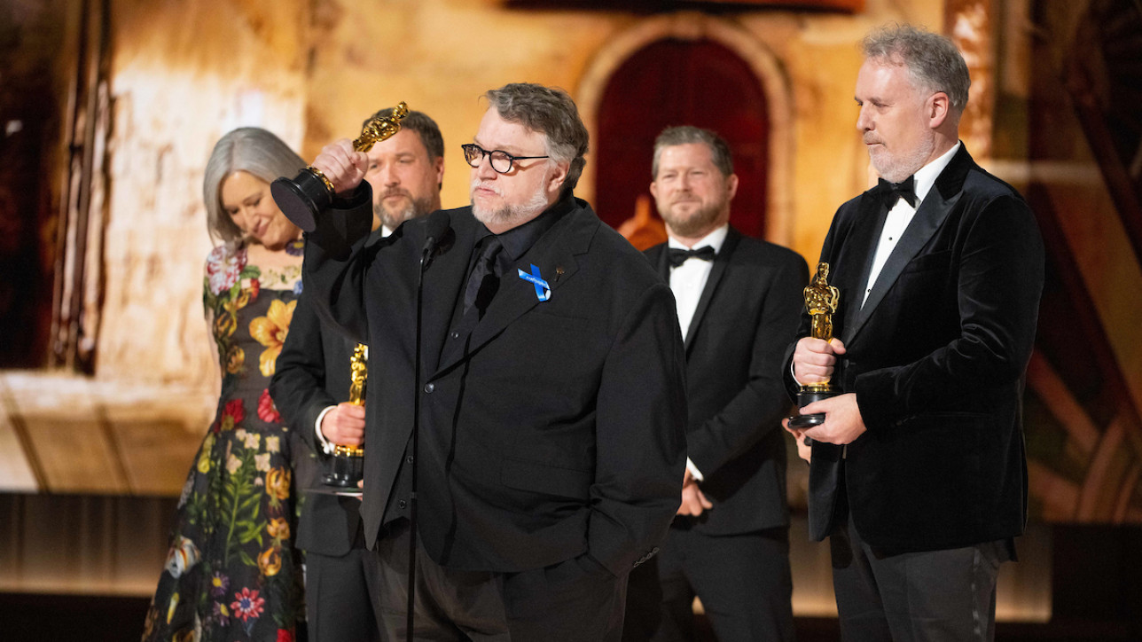Guillermo del Toro, Mark Gustafson, Gary Ungar and Alex Bulkley accept the Oscar® for Animated Feature Film during the live ABC Telecast of the 95th Oscars® at the Dolby® Theatre at Ovation Hollywood on Sunday, March 12, 2023.