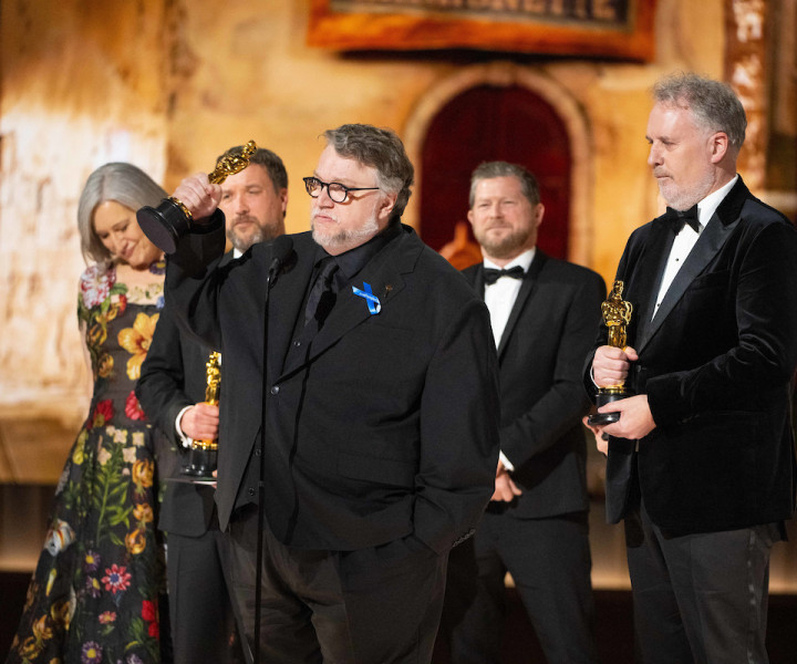 Guillermo del Toro, Mark Gustafson, Gary Ungar and Alex Bulkley accept the Oscar® for Animated Feature Film during the live ABC Telecast of the 95th Oscars® at the Dolby® Theatre at Ovation Hollywood on Sunday, March 12, 2023.