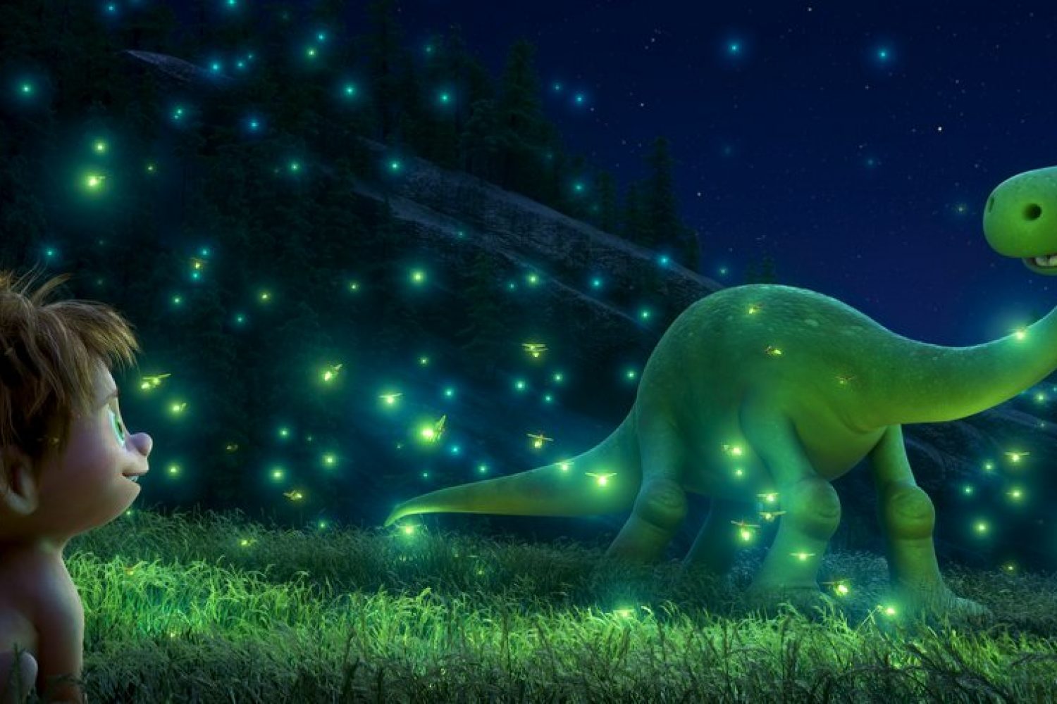 THE GOOD DINOSAUR – SEEING THE LIGHT — An Apatosaurus named Arlo makes an unlikely human friend in Disney•Pixar’s “The Good Dinosaur.” Directed by Peter Sohn, “The Good Dinosaur” opens in theaters nationwide Nov. 25, 2015. ©2015 Disney•Pixar. All Rights Reserved.