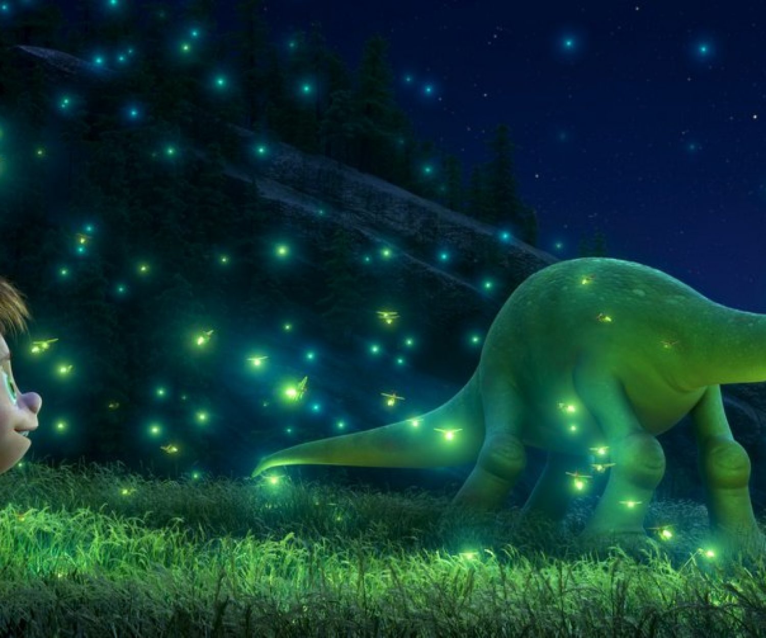 THE GOOD DINOSAUR – SEEING THE LIGHT — An Apatosaurus named Arlo makes an unlikely human friend in Disney•Pixar’s “The Good Dinosaur.” Directed by Peter Sohn, “The Good Dinosaur” opens in theaters nationwide Nov. 25, 2015. ©2015 Disney•Pixar. All Rights Reserved.