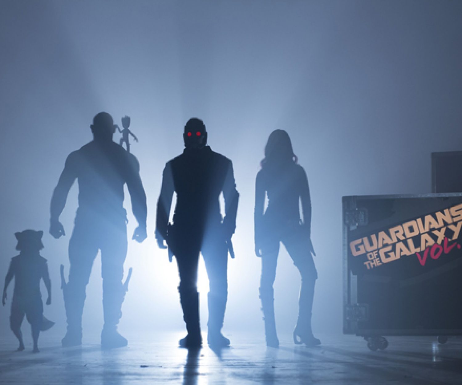Guardians Of The Galaxy Vol. 2Start of Production ImageL to R: Rocket (voiced by Bradley Cooper), Drax (Dave Bautista), Groot (voiced by Vin Diesel), Peter Quill/Star-Lord (Chris Pratt) and Gamora (Zoe Saldana)©Marvel 2017
