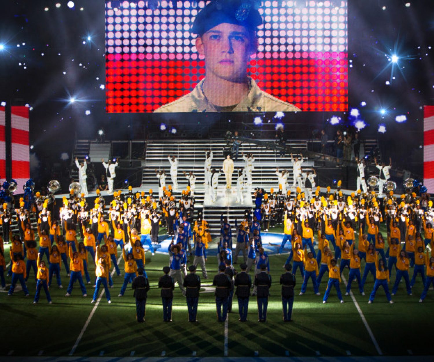 Billy Lynn (Joe Alwyn), dancers, and Alabama State Marching Hornets in TriStar Pictures'  BILLY LYNN'S LONG HALFTIME WALK.