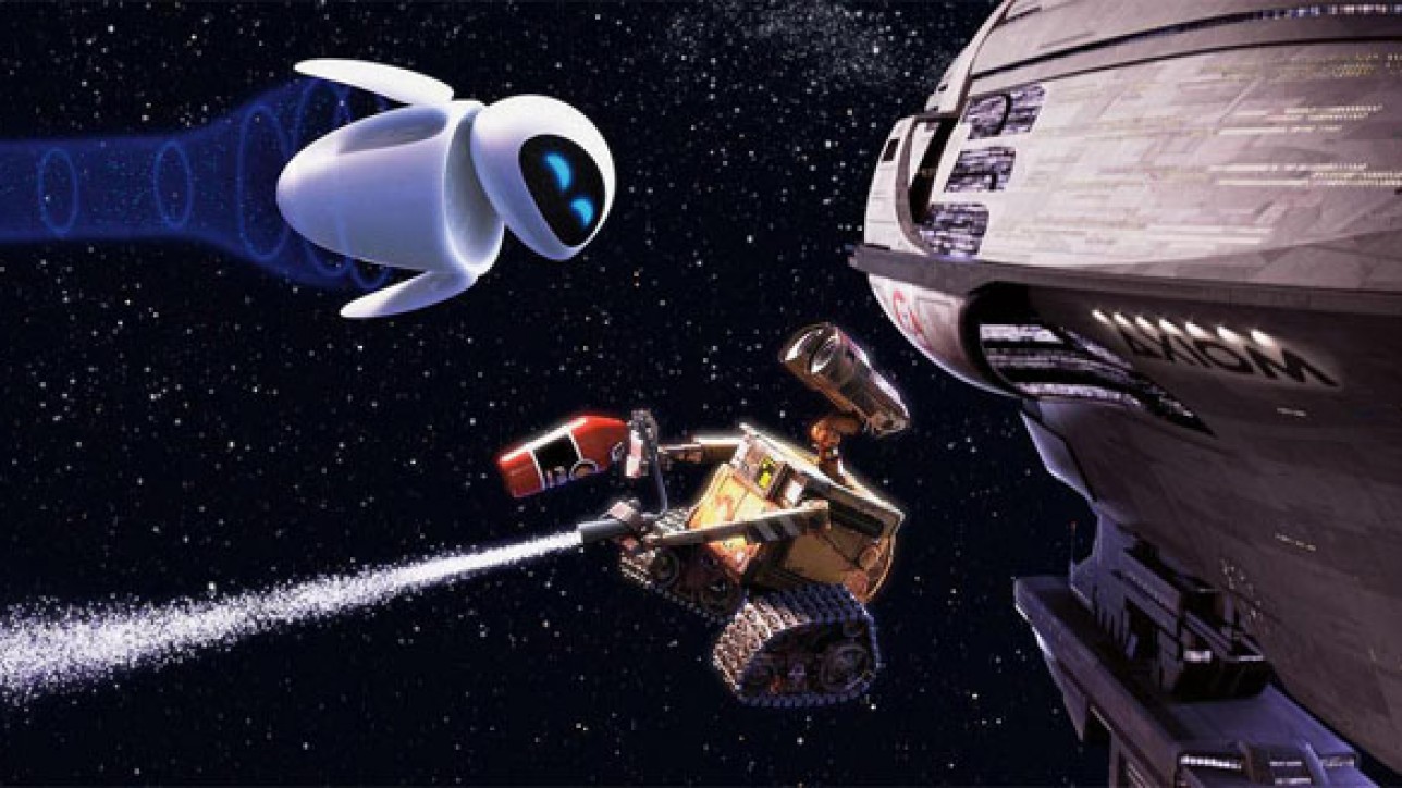 WALL-E (center) develops a thing for a probe robot named EVE (top left) in "WALL-E."
