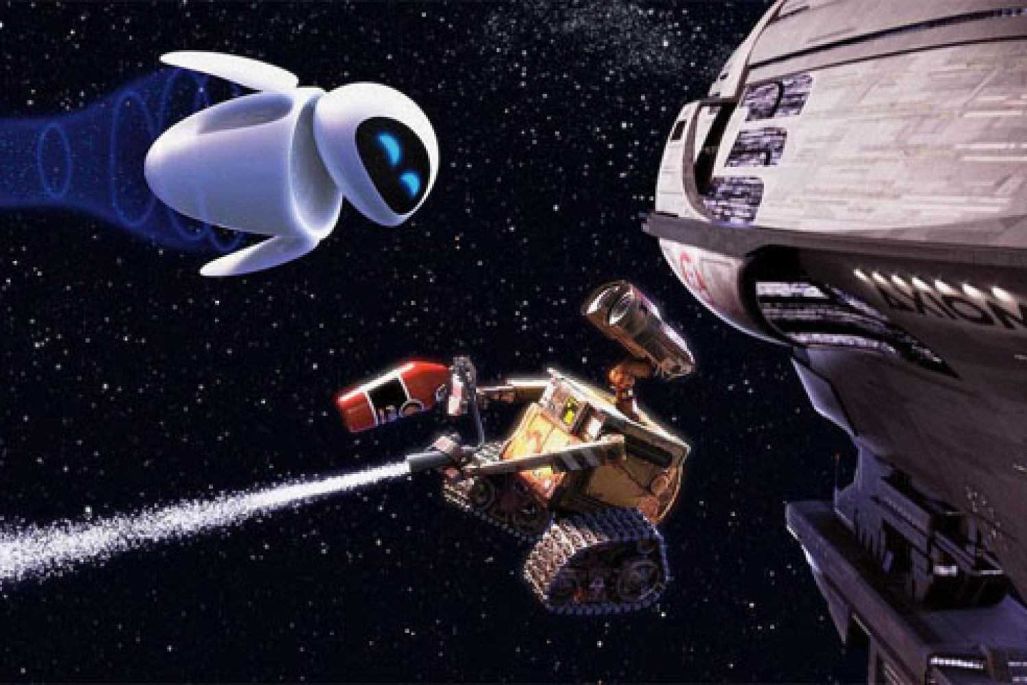WALL-E (center) develops a thing for a probe robot named EVE (top left) in "WALL-E."