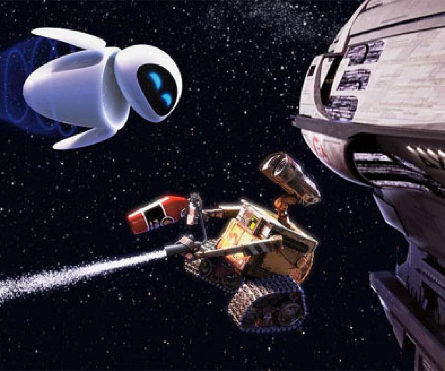 WALL-E (center) develops a thing for a probe robot named EVE (top left) in "WALL-E."