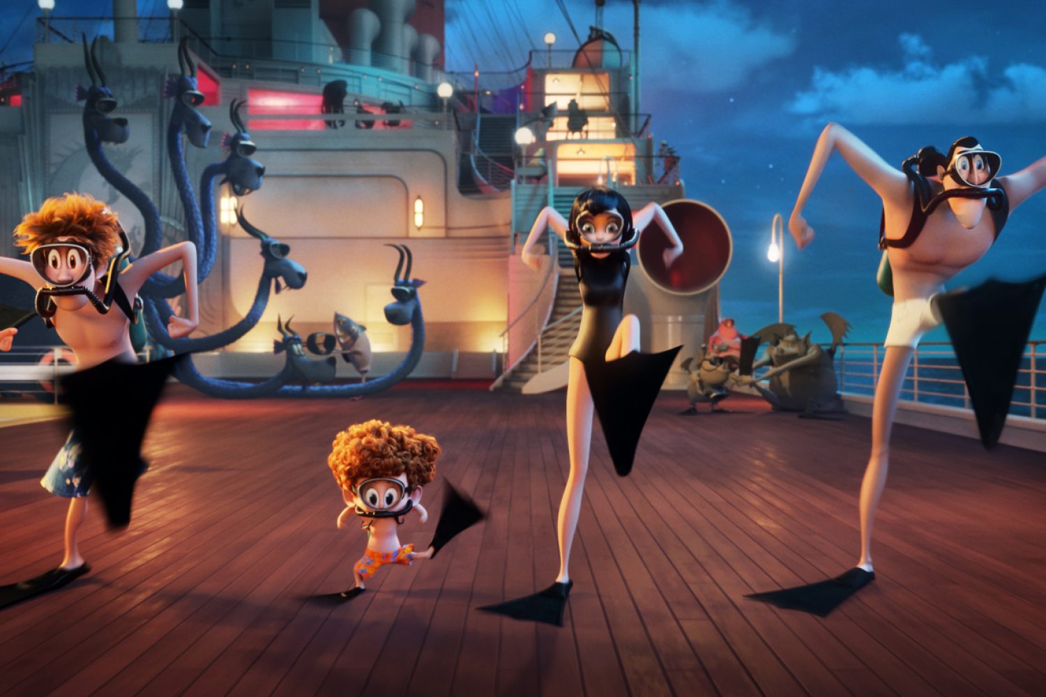 Jonathan (Andy Samberg), Dennis (Asher Blinkoff), Mavis (Selena Gomez) and Dracula (Adam Sandler) in Sony Pictures Animation's HOTEL TRANSYLVANIA 3: SUMMER VACATION.