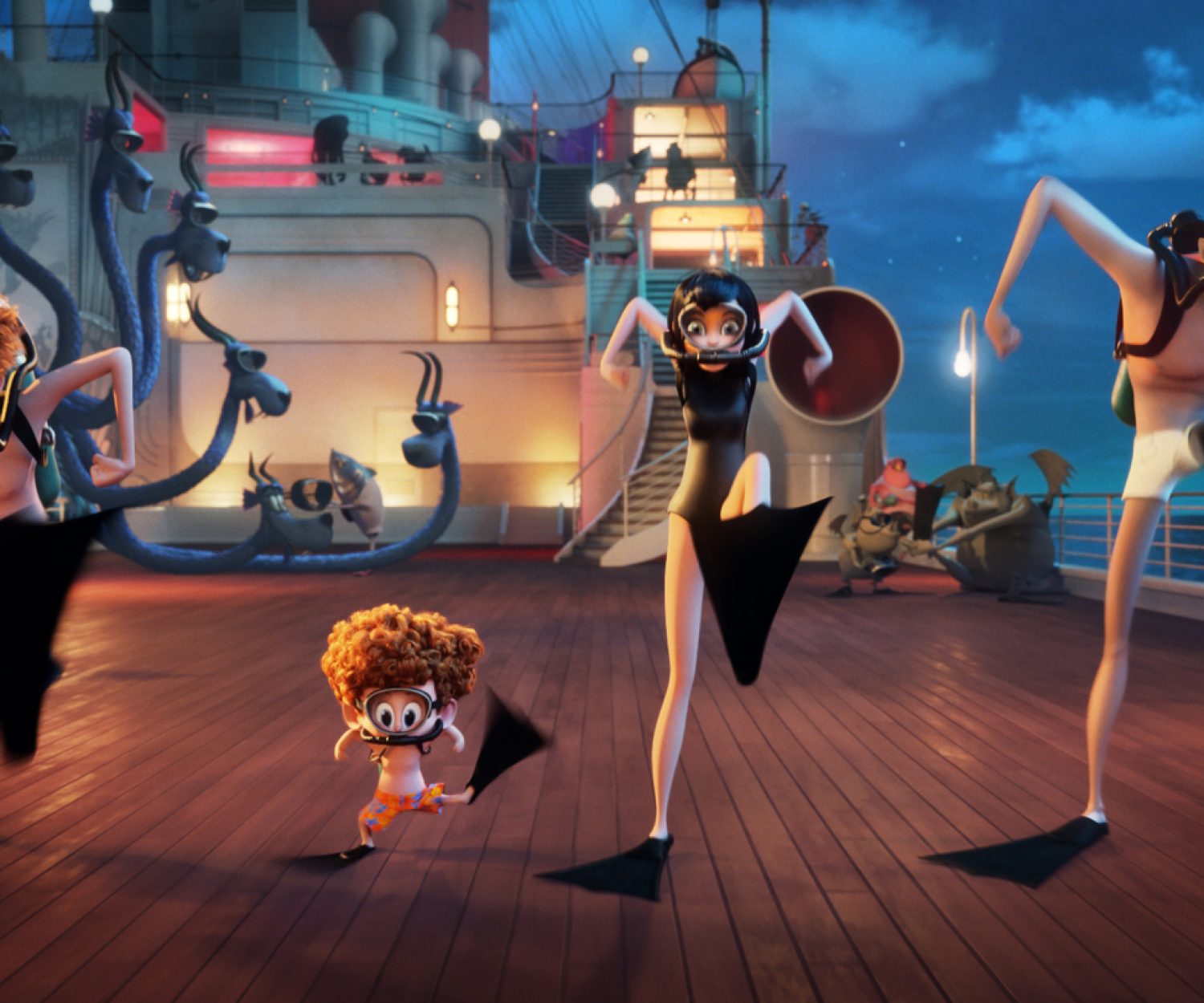 Jonathan (Andy Samberg), Dennis (Asher Blinkoff), Mavis (Selena Gomez) and Dracula (Adam Sandler) in Sony Pictures Animation's HOTEL TRANSYLVANIA 3: SUMMER VACATION.