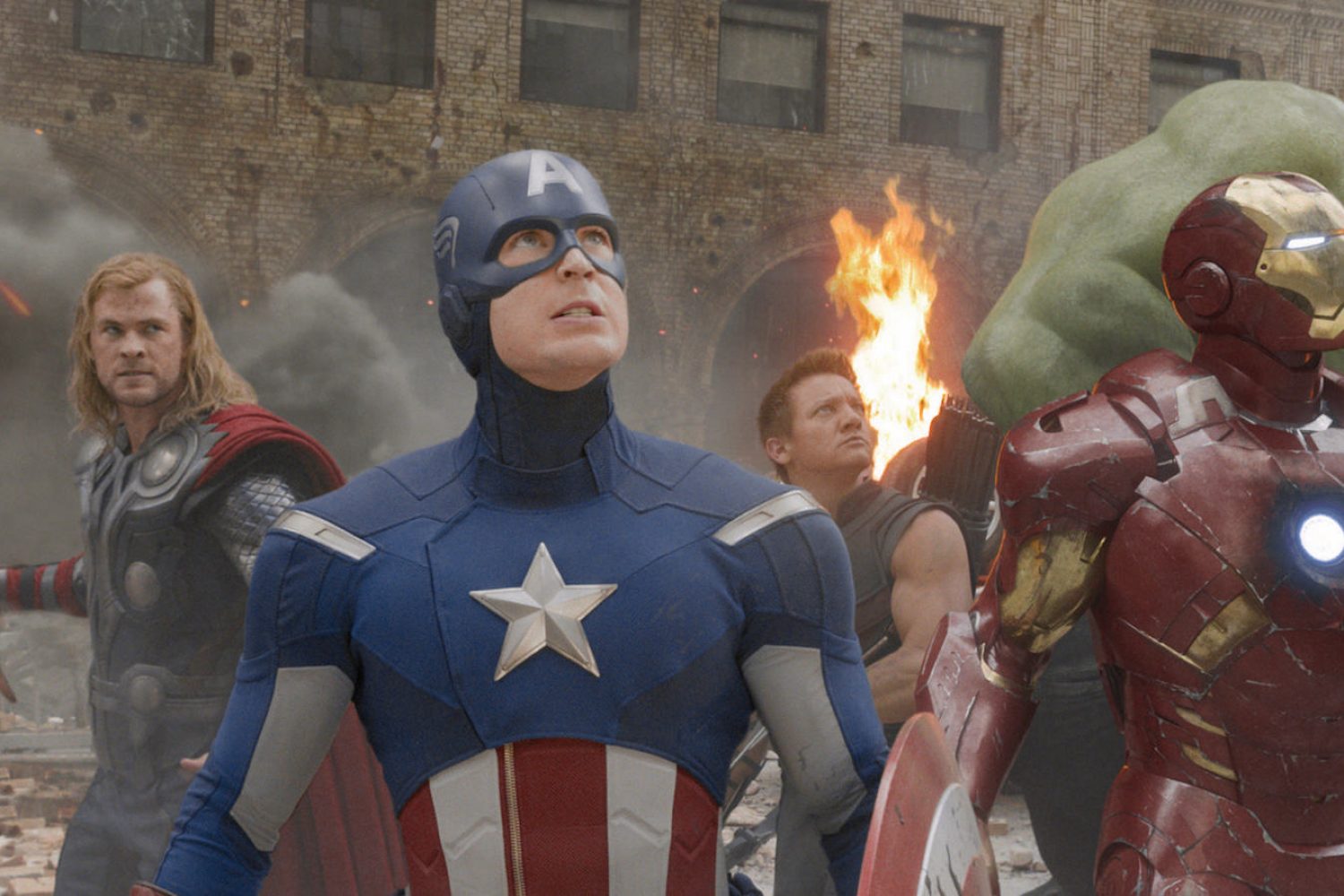 ?Marvel's The Avengers?..L to R: Black Widow (Scarlett Johansson), Thor (Chris Hemsworth), Captain America (Chris Evans), Hawkeye (Jeremy Renner), Iron Man (Robert Downey Jr.), and Hulk (Mark Ruffalo)..Ph: Film Frame ..? 2011 MVLFFLLC.  TM & ? 2011 Marvel.  All Rights Reserved.