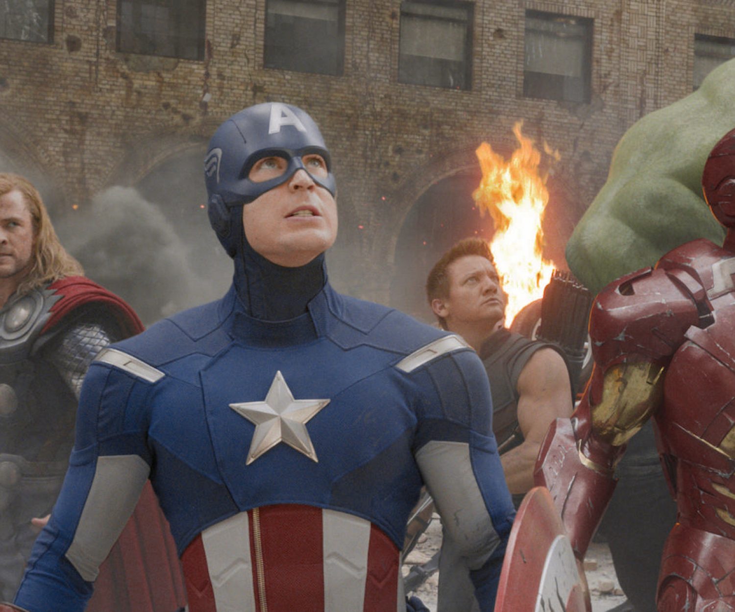 ?Marvel's The Avengers?..L to R: Black Widow (Scarlett Johansson), Thor (Chris Hemsworth), Captain America (Chris Evans), Hawkeye (Jeremy Renner), Iron Man (Robert Downey Jr.), and Hulk (Mark Ruffalo)..Ph: Film Frame ..? 2011 MVLFFLLC.  TM & ? 2011 Marvel.  All Rights Reserved.