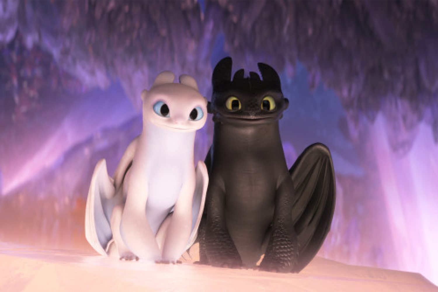 The female Light Fury dragon and Night Fury dragon Toothless in DreamWorks Animation’s How To Train Your Dragon: The Hidden World, directed by Dean DeBlois.