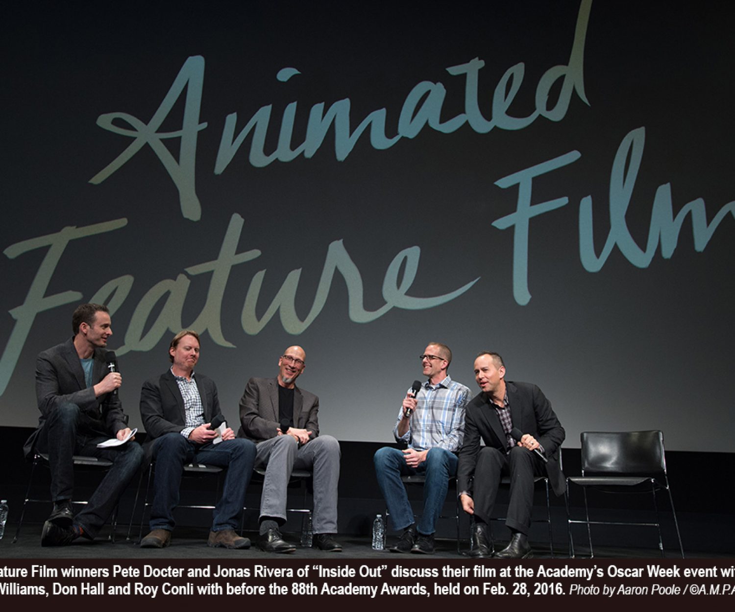 Hosts Chris Williams, Don Hall and Roy Conli with Animated Feature Film nominees Pete Docter and Jonas Rivera, “Inside Out”,  at the Academy of Motion Picture Arts and Sciences' Oscar Week: Animated Features event on Thursday, February 25, 2016 at the Samuel Goldwyn Theater in Beverly Hills. The Oscars® will be presented on Sunday, February 28, 2016, at the Dolby Theatre® in Hollywood, CA and televised live by the ABC Television Network.
