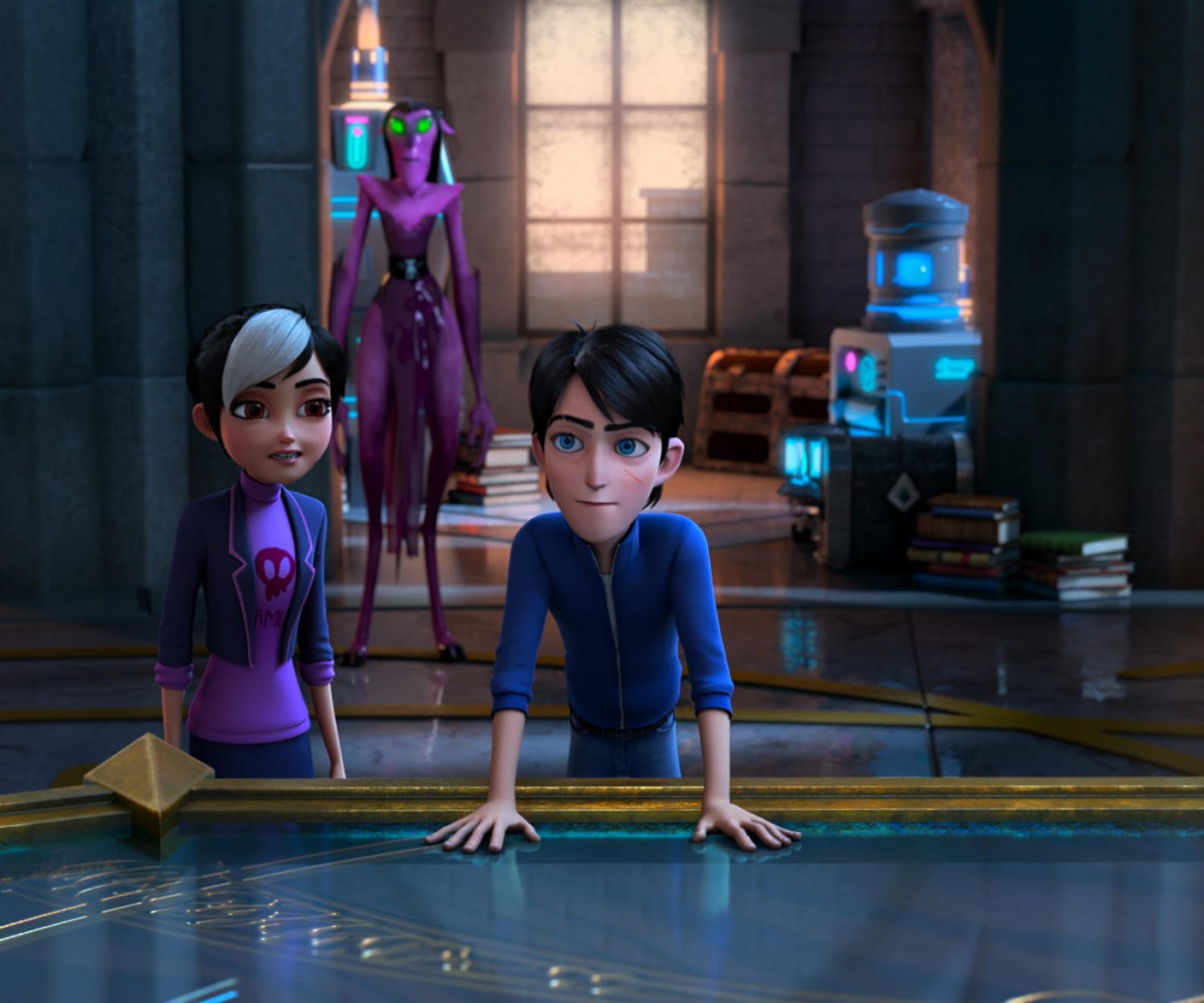Trollhunters: Rise Of The Titans - (L-R) Claire (voiced by Lexi Medrano), Nomura (voiced by Lauren Tom) and Jim (voiced by Emile Hirsch). Cr: DreamWorks Animation © 2021