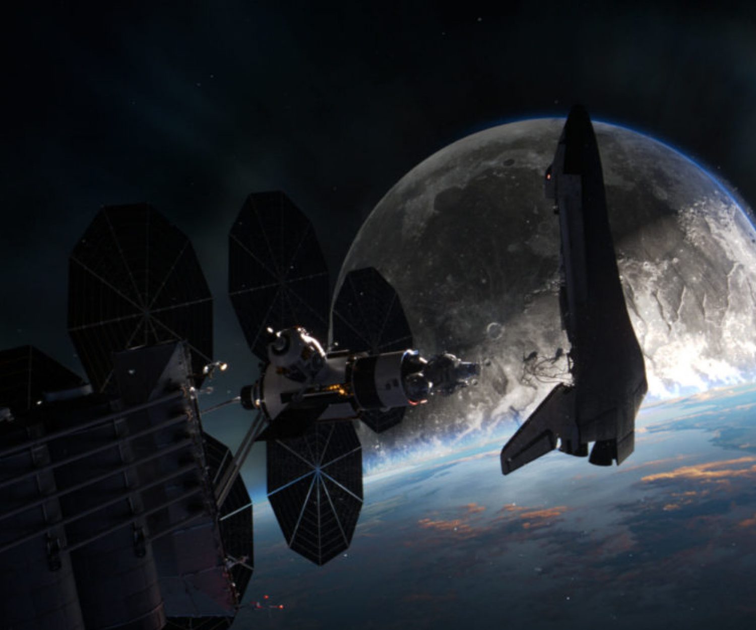 The Endeavour Space Shuttle docking at the International Space Station while the Moon hurtles towards Earth in the sci-fi epic MOONFALL.