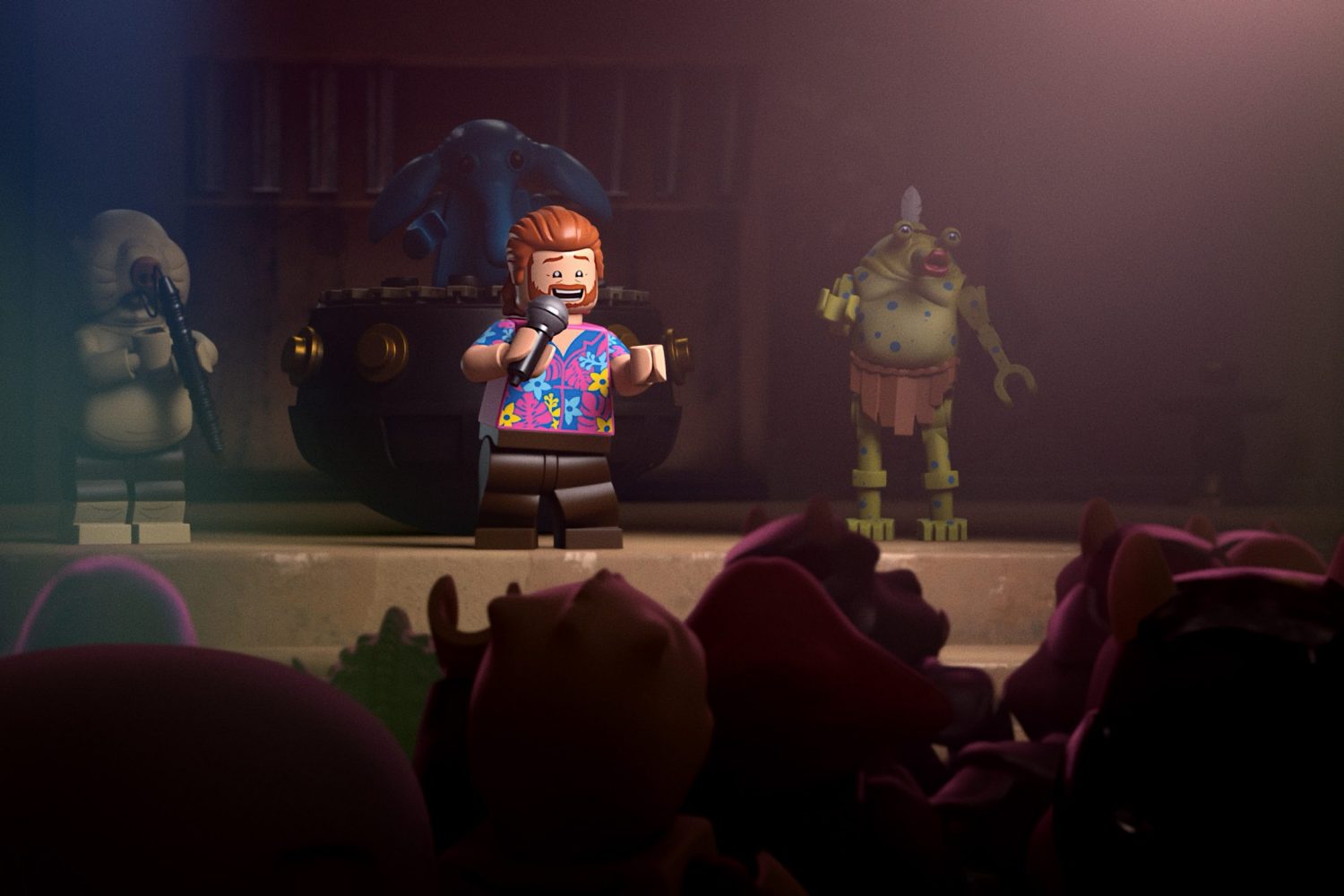 Ben Kenobi performing at Jabba's birthday party with, Droopy McCool, Max Rebo and Sy Snootles in LEGO® STAR WARS SUMMER VACATION exclusively on Disney+. ©2022 Lucasfilm Ltd. & TM. All Rights Reserved.