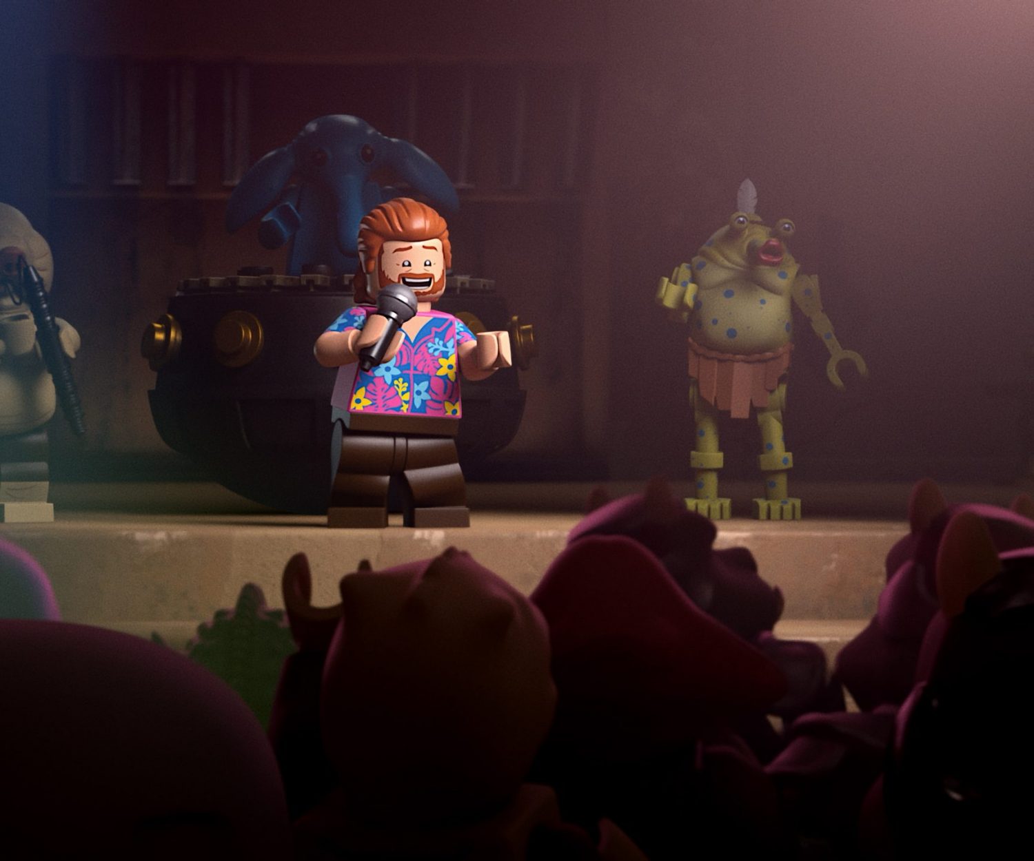 Ben Kenobi performing at Jabba's birthday party with, Droopy McCool, Max Rebo and Sy Snootles in LEGO® STAR WARS SUMMER VACATION exclusively on Disney+. ©2022 Lucasfilm Ltd. & TM. All Rights Reserved.