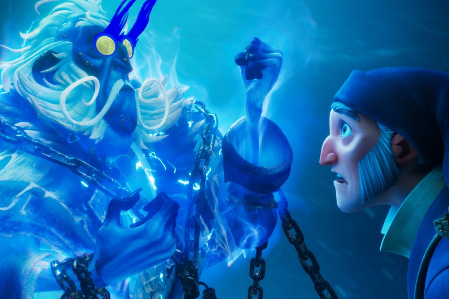 Scrooge: A Christmas Carol. (L to R) Marley, Scrooge in Scrooge: A Christmas Carol. Cr. Courtesy of Netflix © 2022