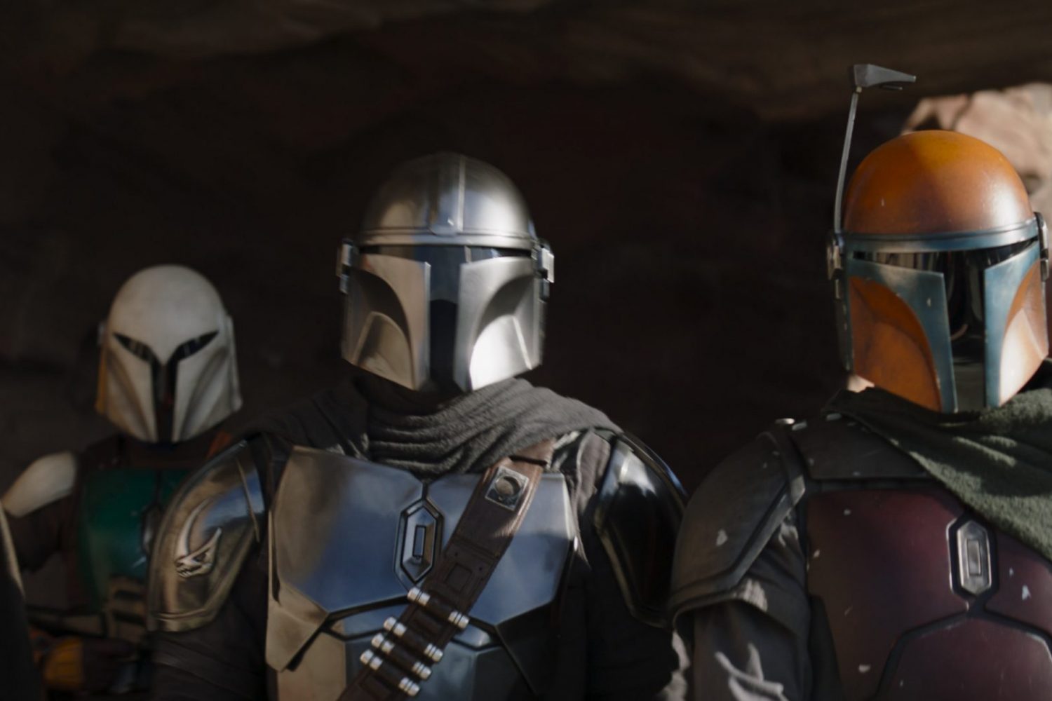 The Mandalorian (Pedro Pascal, third from left) in Lucasfilm's THE MANDALORIAN, season three, exclusively on Disney+. ©2022 Lucasfilm Ltd. & TM. All Rights Reserved.