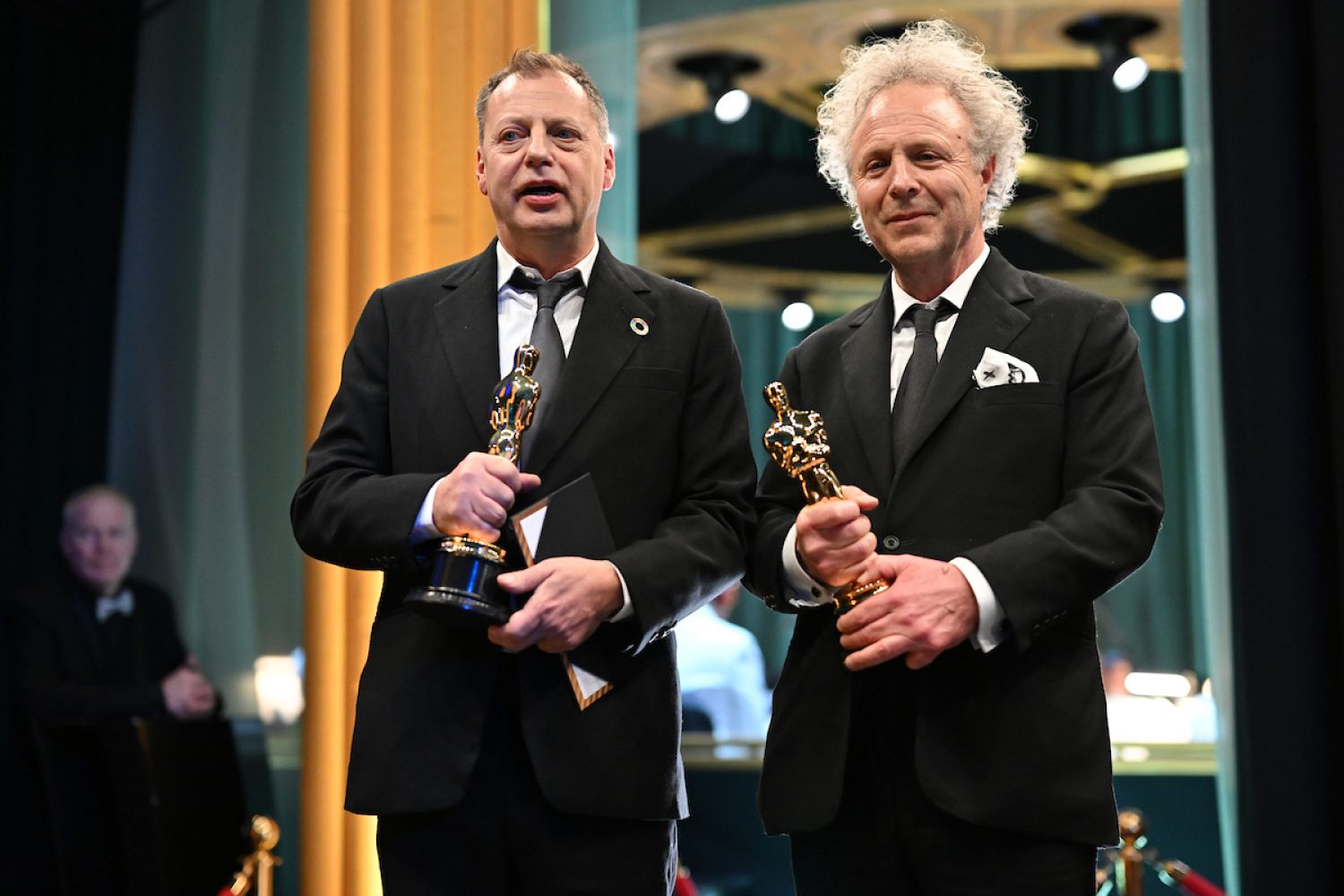 Charlie Mackesy and Matthew Freud pose backstage with the Oscar® for Animated Short Film during the live ABC telecast of the 95th Oscars® at Dolby® Theatre at Ovation Hollywood on Sunday, March 12, 2023.