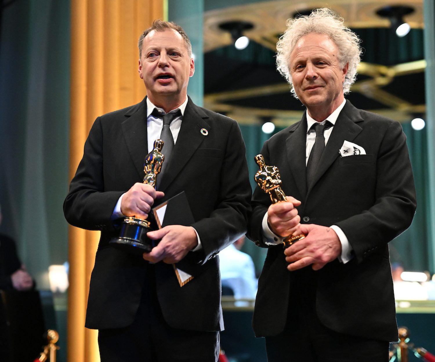 Charlie Mackesy and Matthew Freud pose backstage with the Oscar® for Animated Short Film during the live ABC telecast of the 95th Oscars® at Dolby® Theatre at Ovation Hollywood on Sunday, March 12, 2023.