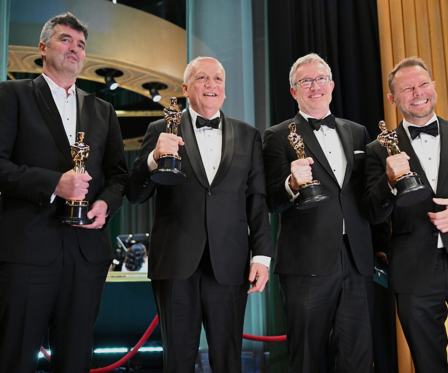 Eric Saindon, Joe Letteri, Daniel Barrett and Richard Baneham pose backstage with the Oscar® for Visual Effects during the live ABC telecast of the 95th Oscars® at Dolby® Theatre at Ovation Hollywood on Sunday, March 12, 2023.