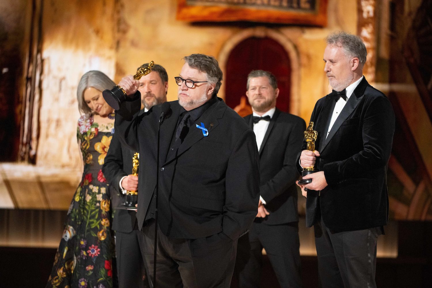 Guillermo del Toro, Mark Gustafson, Gary Ungar and Alex Bulkley accept the Oscar® for Animated Feature Film during the live ABC Telecast of the 95th Oscars® at the Dolby® Theatre at Ovation Hollywood on Sunday, March 12, 2023.