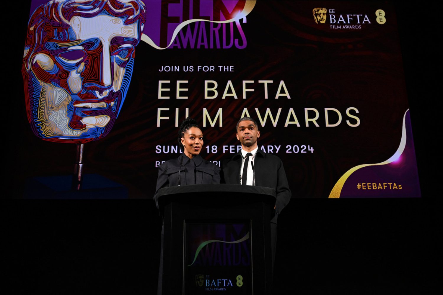 LONDON, ENGLAND - JANUARY 18: Hosts Naomi Ackie and Kingsley Ben-Adir onstage at the EE BAFTA Film Awards 2024 Nominations Announcement at BAFTA on January 18, 2024 in London, England. (Photo by Jeff Spicer/BAFTA/Getty Images for BAFTA)