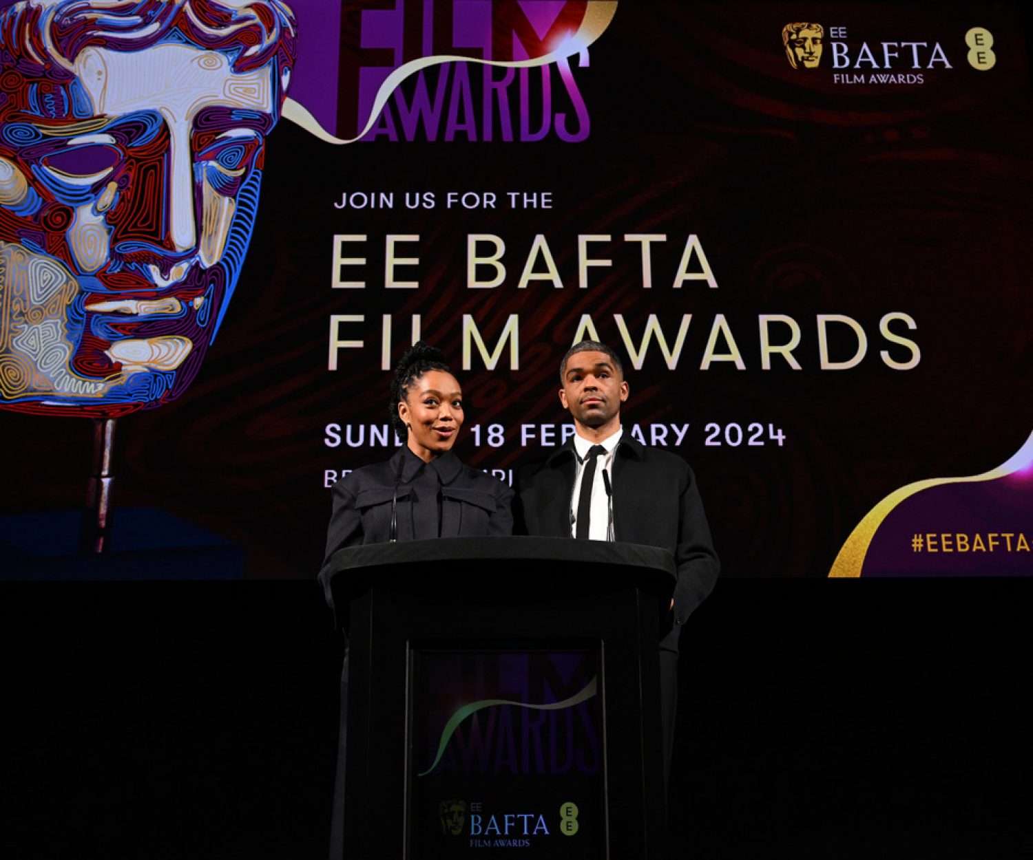 LONDON, ENGLAND - JANUARY 18: Hosts Naomi Ackie and Kingsley Ben-Adir onstage at the EE BAFTA Film Awards 2024 Nominations Announcement at BAFTA on January 18, 2024 in London, England. (Photo by Jeff Spicer/BAFTA/Getty Images for BAFTA)