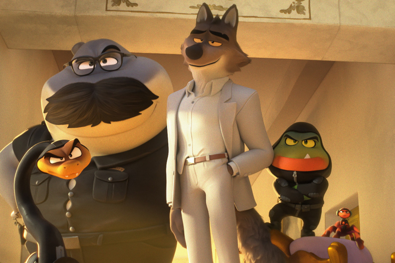 (from left) Mr. Snake (Marc Maron), Mr. Shark (Craig Robinson), Mr. Wolf (Sam Rockwell), Mr. Piranha (Anthony Ramos) and Ms. Tarantula (Awkwafina) in DreamWorks Animation’s The Bad Guys 2, directed by Pierre Perifel.
