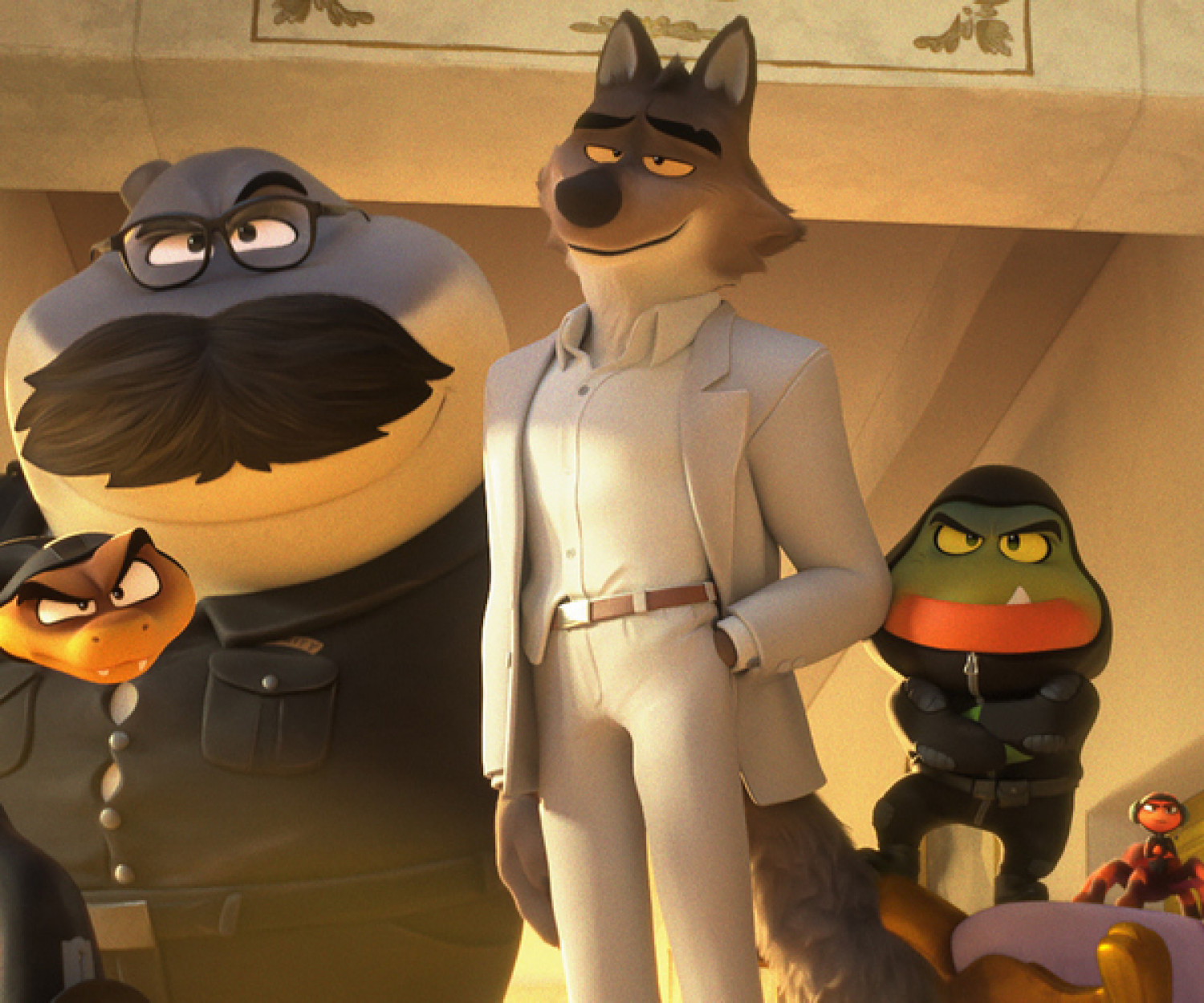(from left) Mr. Snake (Marc Maron), Mr. Shark (Craig Robinson), Mr. Wolf (Sam Rockwell), Mr. Piranha (Anthony Ramos) and Ms. Tarantula (Awkwafina) in DreamWorks Animation’s The Bad Guys 2, directed by Pierre Perifel.